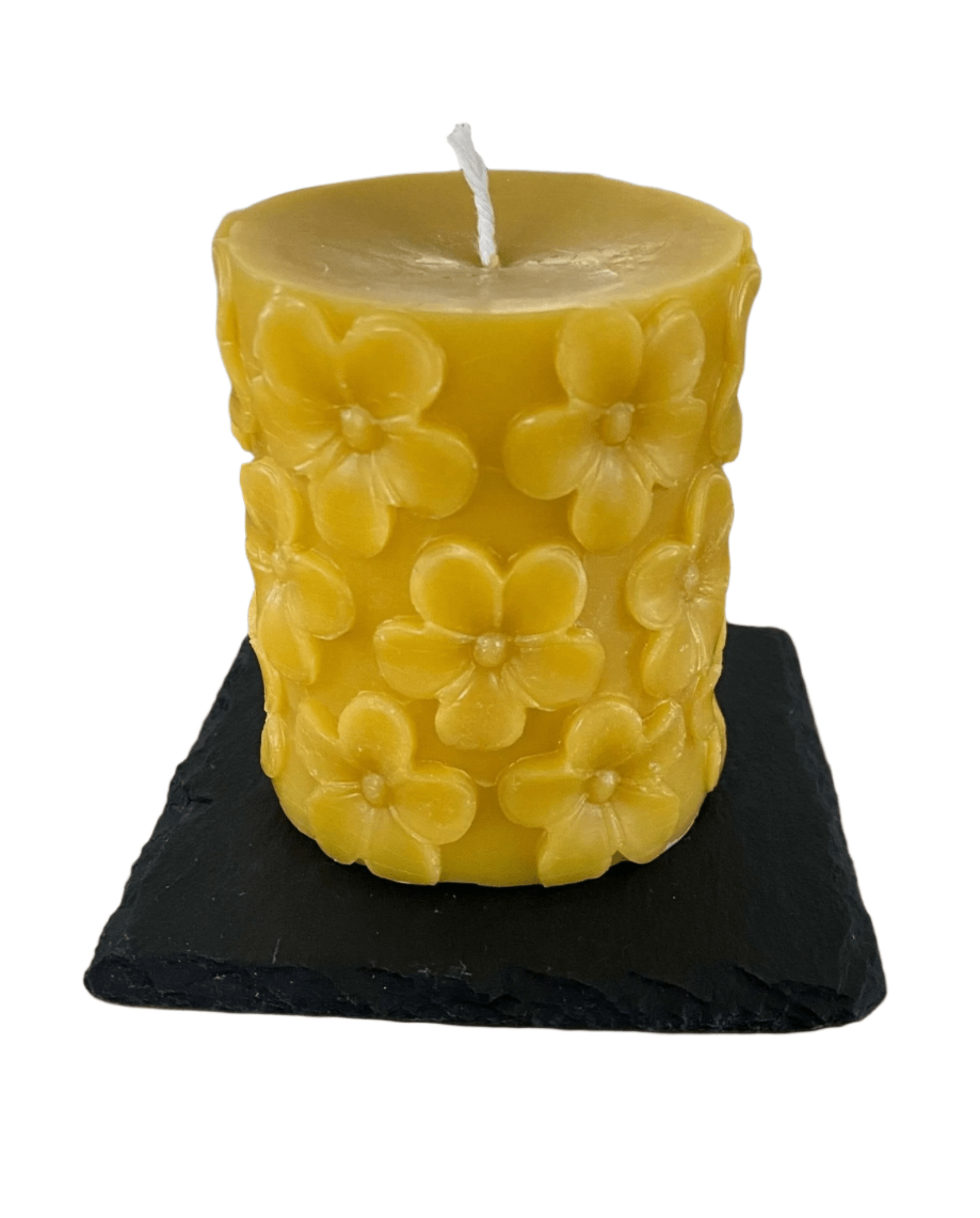 Natural 100% British Beeswax Flower Detail Pillar Candle 8cm - Davies a'i Gwmni Cyf